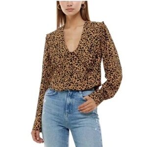 WAYF Top Esther Collar Cheetah Print Blouse Ruffled Pointed Collar